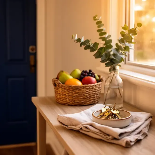 Styled entry console with welcome basket and keys in a Luxe-managed Adelaide short-stay